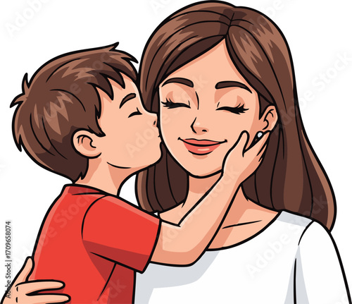 Affectionate Son Kisses Mother's Cheek, Expressing Love and Gratitude.