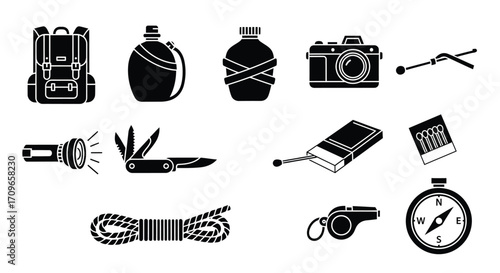 Collection of camping and outdoor adventure equipment icons.