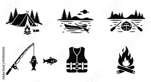 A collection of six black and white vector icons depicting various outdoor recreational activities and camping essentials.