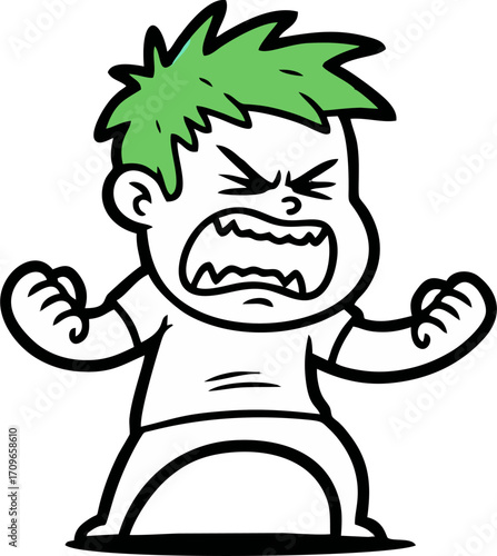 Angry Cartoon Boy with Green Hair in a Simple Style