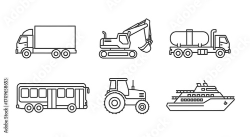 Line art illustrations of various transportation vehicles, including trucks, excavators, tankers, buses, tractors, and cruise ships.