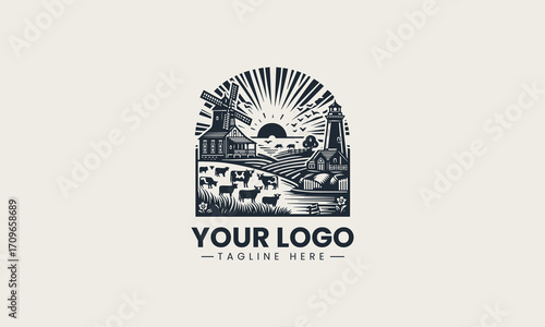 Beautiful black and white vintage farm landscape with cows
