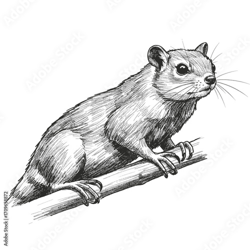 Unique hand-drawn sketch illustration of a horned rodent or mouse perched on a branch.
