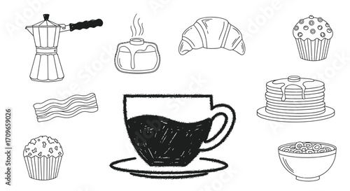 Black and white illustration of various breakfast foods and beverages, including coffee and pastries.