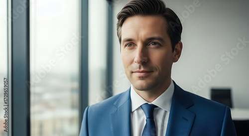 Wallpaper Mural Confident young businessman in a modern office, gazing thoughtfully out of a high-rise window, embodying ambition and leadership in the corporate world Torontodigital.ca
