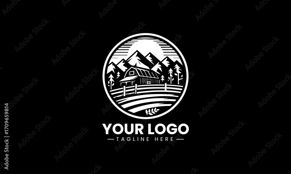 Fototapeta premium Beautiful black and white landscape of a farm with a barn inside a circle, a classic illustration