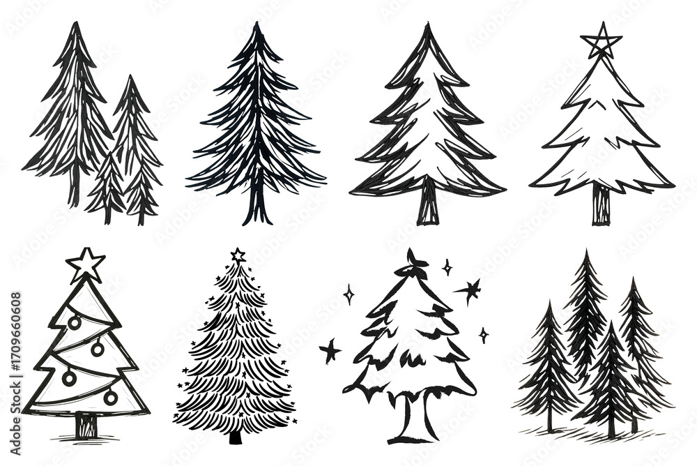 Obraz premium Hand-drawn evergreen tree illustrations.