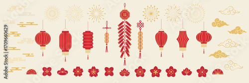 Chinese New Year elements. Vector geometric icons, symbol for festival. Illustration of lanterns, flowers, firework, wind, bamboo, firecrackers, scroll. Red and gold templates border, card.