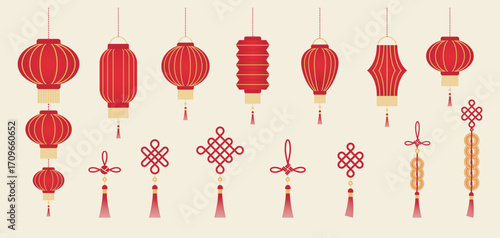 Chinese festival lanterns and  lucky knots. New year abstract vector geometric icons, symbols for cinesi lunar party. Golden design elements for border, card, poster, banner, background.