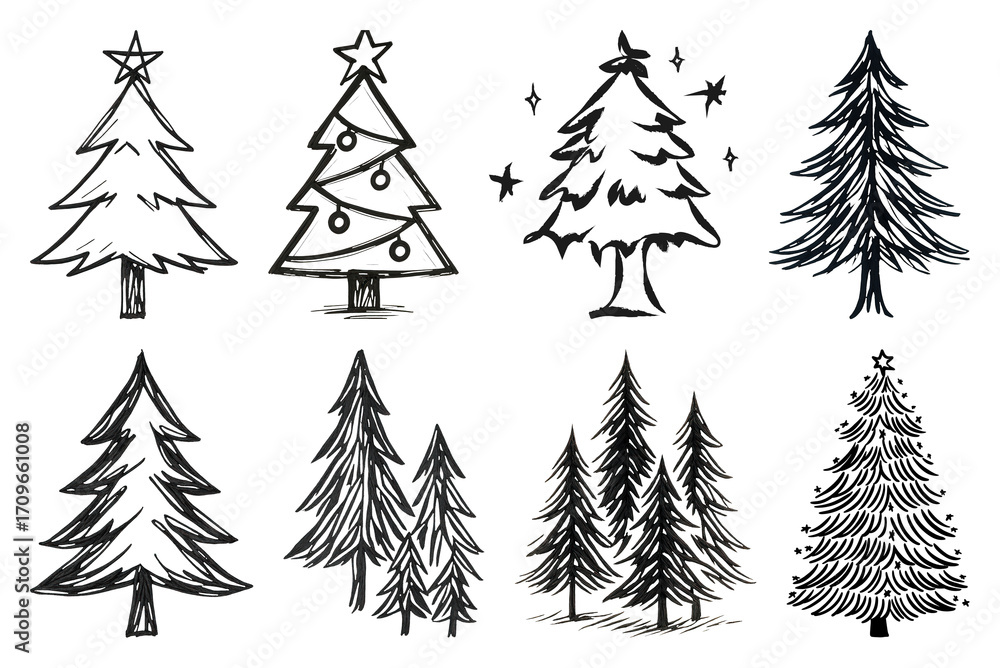 Obraz premium Hand-drawn evergreen tree illustrations.