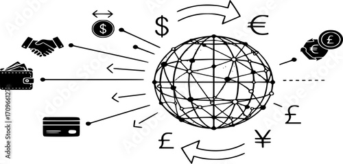 Global Finance Icon Vector. International Money Transfer, currency exchange, Concept line and solid Illustration