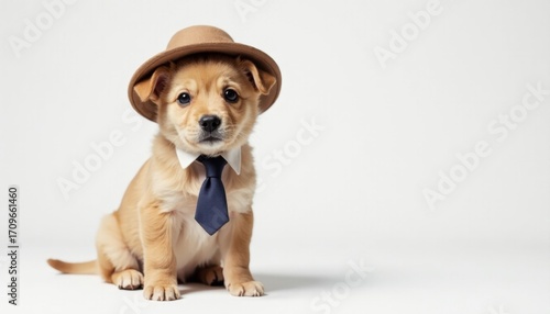 Puppy in a hat. Adorable pet.