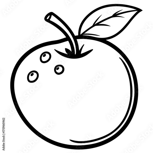 Simple black and white outline drawing of an apple with a stem and leaf silhouette isolated on white background