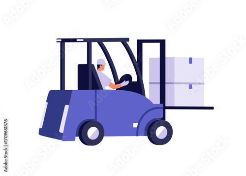 Storage worker drives forklift, lifts cargos, carries cardboard boxes and packages. Logistic service loader is loading supply with lifter truck. Flat isolated vector illustration on white background