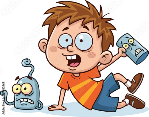 Boy Frightened by Alien and Cylinder-Shaped Monster, Cartoon Illustration