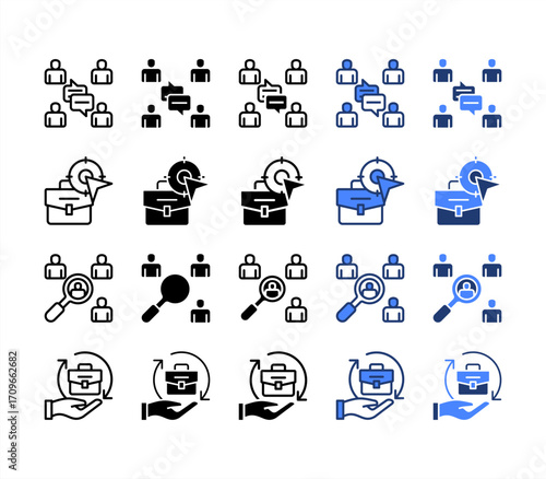Team communication, Job target, Hiring, Responsibility., multiple style icon set.