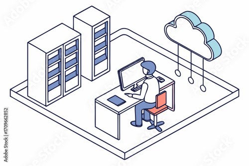 IT specialist migrating data from desktop to cloud servers, isometric.