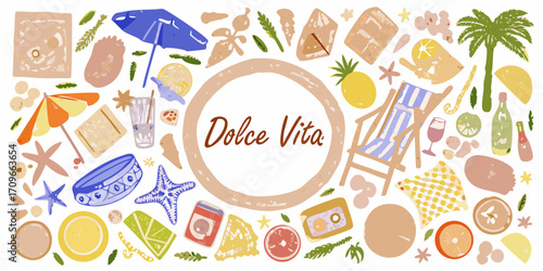 Vibrant dolce vita summer beach vacation elements and food arranged around central text