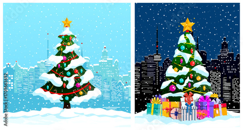 Two christmas trees decorated with ornaments and snow, one in a daytime city and one in a nighttime city with presents. New Year celebration banner.