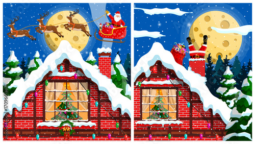 Santa claus flying in sleigh with reindeer and descending into chimney in a house at Christmas, New Year eve, winter holiday scene.