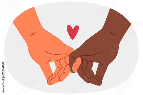 Multiracial love between people holding hands and ready to create close family without racial prejudice. Concept getting rid of ethnic prejudices and approving multiracial relationships men and women