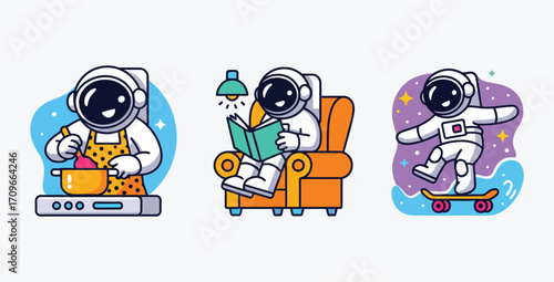 Happy Astronaut Cartoon Set: Cooking, Reading, Skateboarding; Fun, Whimsical, Childlike Style