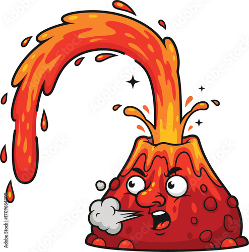 Angry cartoon volcano erupting with lava and smoke