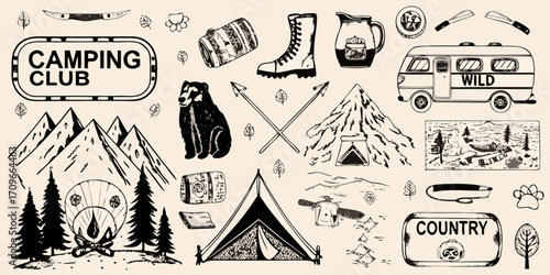 Hand drawn camping club elements featuring mountains bears tent van and nature scenes