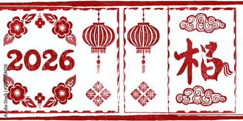 Red chinese new year 2026 decorations with lanterns flowers clouds and fu character