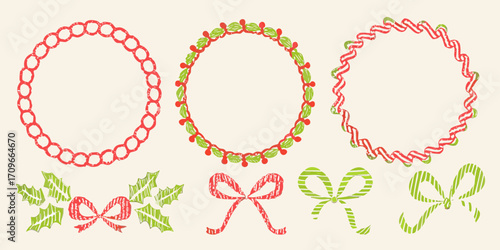 Hand drawn christmas decorative elements featuring wreaths holly and bows in red and green