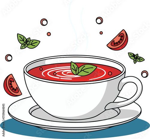 Detailed Minimalist Vector Illustration of Hot Tomato Basil Soup in White Ceramic Bowl with Croutons, Clean Line Art