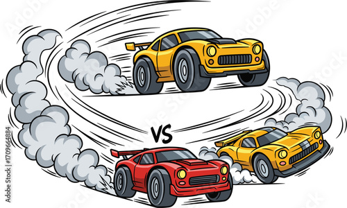 Cartoon racing cars in a dynamic competition with smoke trails