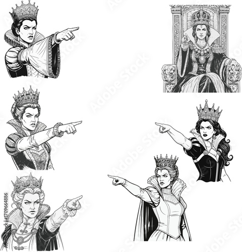 A collection of six black and white illustrations depicting the Evil Queen from Snow White in various commanding poses.