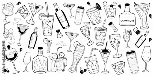 Hand drawn sketch of various alcoholic and non alcoholic drinks with ice and garnishes on a white background
