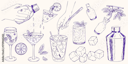 Hand drawn sketch of cocktail making process with various drinks ice cubes and bar tools