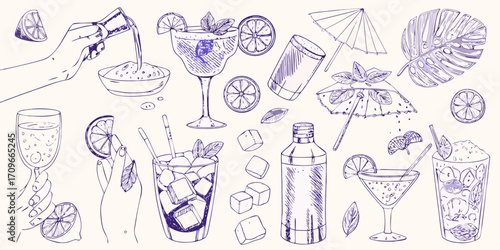 Hand drawn collection of summer cocktails and bar accessories with citrus fruits and ice cubes