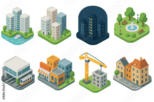 Urban development flat icon set. featuring skyscraper, park, mall, shop, crane, house, and river.