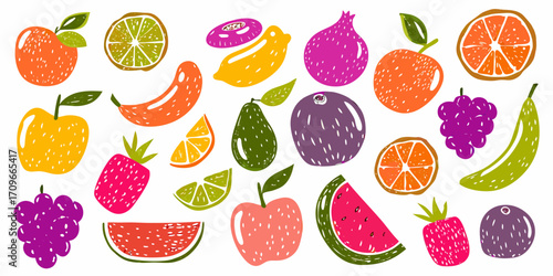 Vibrant hand drawn collection of colorful fruits and citrus slices on a white background