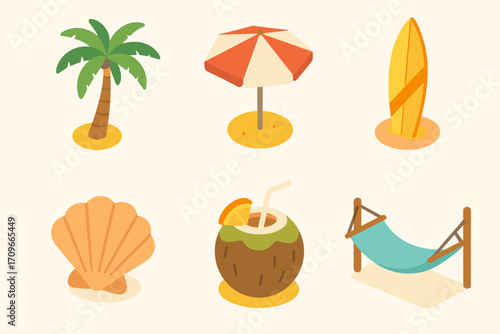 Summer vacation flat icon set. featuring palm tree, umbrella, surfboard, shell, coconut drink, hammock