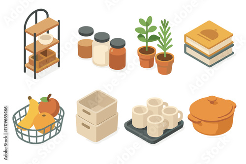Kitchen essentials flat icon set. featuring shelves, jars, plants, books, basket, boxes, mugs, and pot