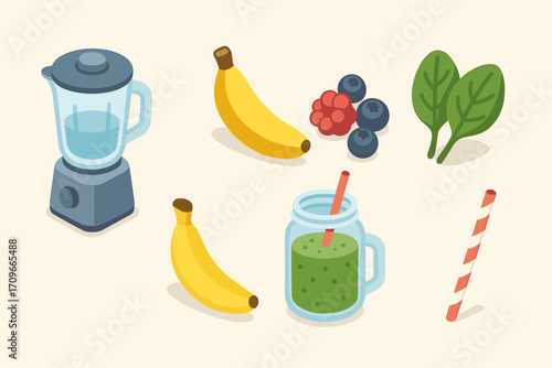 Healthy smoothie ingredients flat icon set. featuring blender, banana, berries, spinach, mason jar, and straw