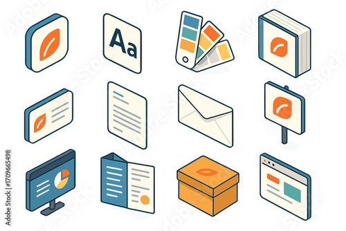 Design tools isometric icon set. featuring app, typography, swatches, book, website, document, letter, and box