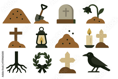 Halloween flat icons set. featuring grave, shovel, tombstone, cross, lantern, candle, wreath, crow, roots.