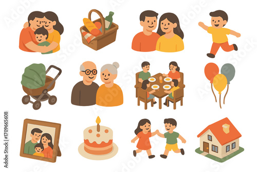Family activities flat icon set. featuring picnic, parents, kids, celebration, dinner, and house symbols