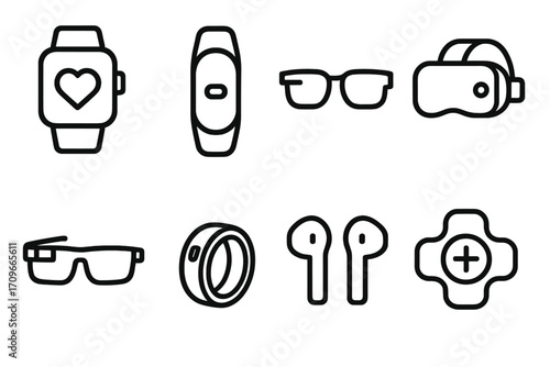 Wearable technology linear icon set. featuring smartwatch, fitness tracker, smart glasses, vr headset, smart ring, earphones