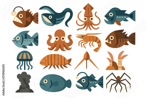 Sea creatures flat icon set. featuring fish, octopus, squid, shrimp, and jellyfish symbols