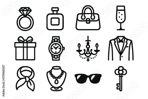 Fashion and luxury linear icon set. featuring ring, perfume, handbag, champagne, gift, watch, chandelier, suit.