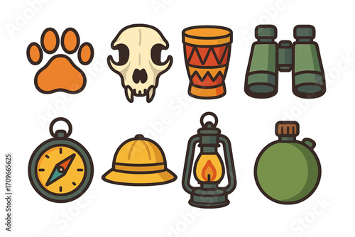 Adventure and exploration flat icon set. featuring paw print, skull, drum, binoculars, compass, hat, lantern, canteen