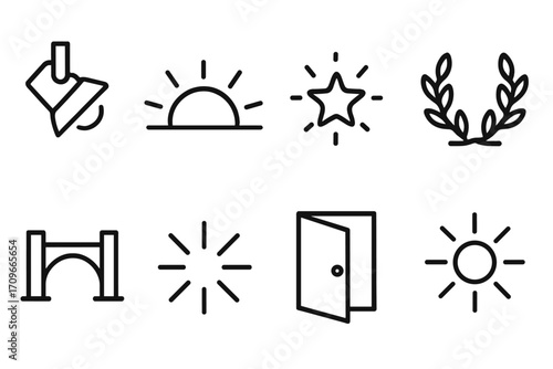 Achievement and relaxation linear icon set. featuring lamp, sunset, star, laurel, bridge, burst, door, sun