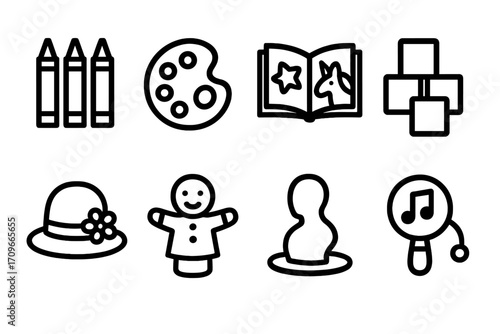 Children's activities linear icon set. featuring crayons, paint palette, coloring book, blocks, hat, doll, shape sorter, rattle